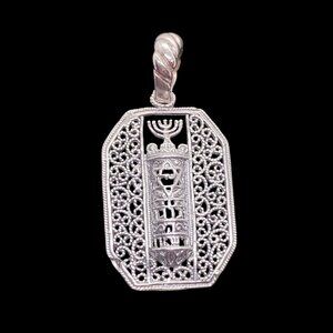 Sterling Silver Filigree Mezuzah Menorah Pendant Handmade Judaica Unisex